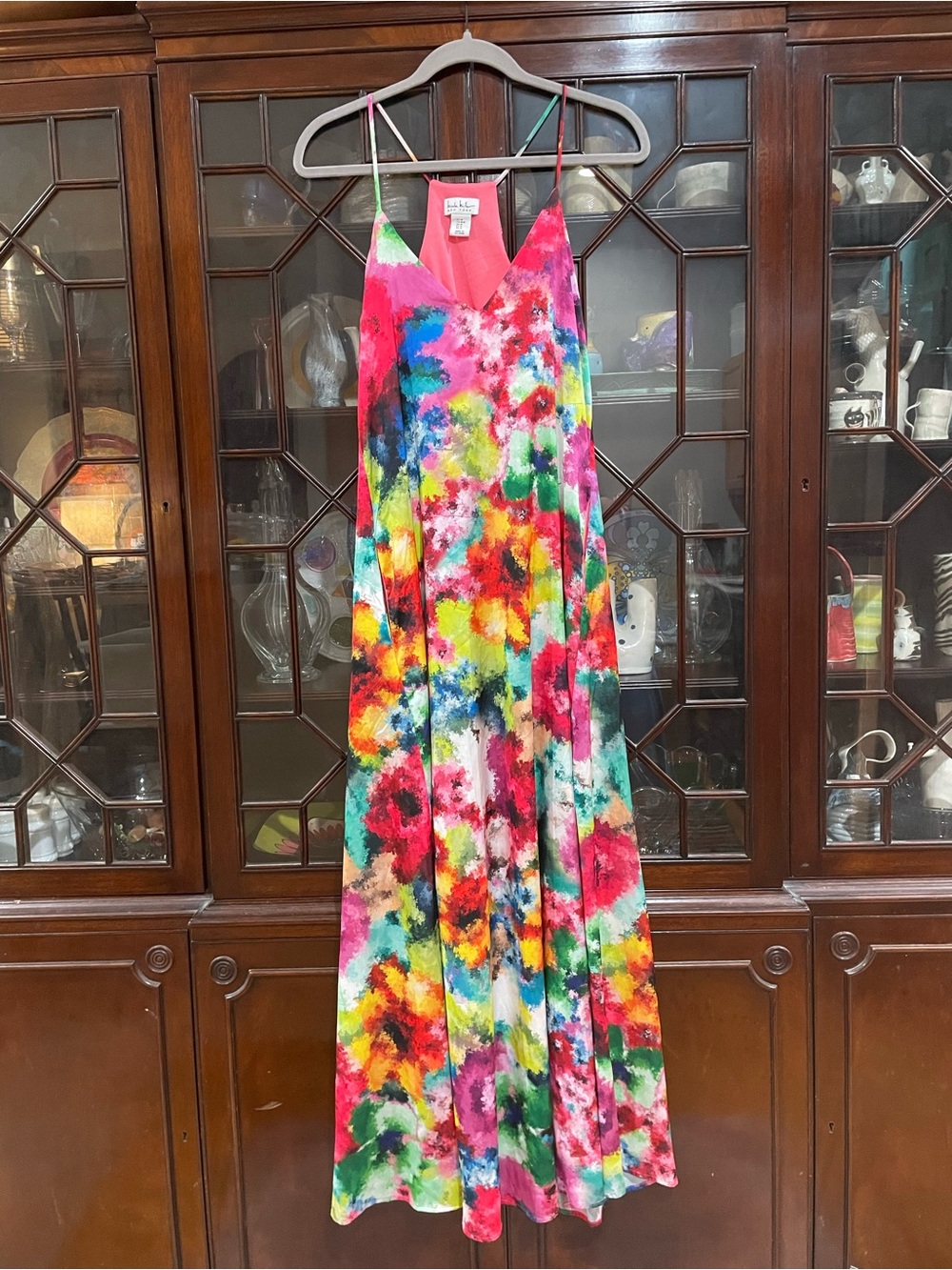 NWT Nicole Miller Multicolor Watercolor Maxi Dress with Spaghetti Straps